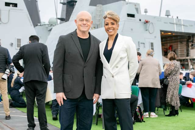 Pictured: Ross Kemp and Dame Kelly Holmes aboard HMS Duncan at HMNB Portsmouth for the VE Day 80 street party.