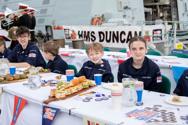 VE Day 80 street party on board Royal Navy warship HMS Duncan with celebrity supporters of the Armed Forces, Ross Kemp and Dame Kelly Holmes on Friday 4th April 2025.