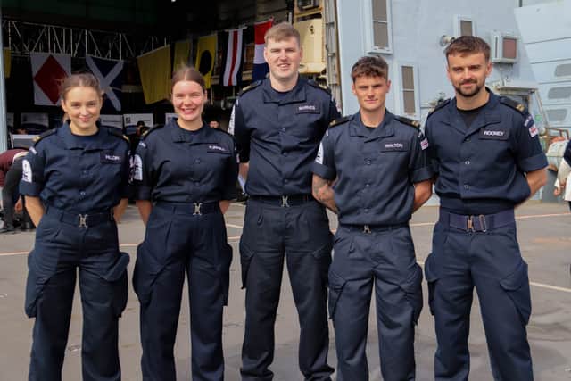 VE Day 80 street party on board Royal Navy warship HMS Duncan with celebrity supporters of the Armed Forces, Ross Kemp and Dame Kelly Holmes on Friday 4th April 2025 Pictured: Royal Navy personnel on the Portsmouth Type 45 destroyer HMS Duncan.