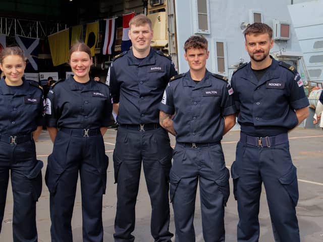VE Day 80 street party on board Royal Navy warship HMS Duncan with celebrity supporters of the Armed Forces, Ross Kemp and Dame Kelly Holmes on Friday 4th April 2025 Pictured: Royal Navy personnel on the Portsmouth Type 45 destroyer HMS Duncan.