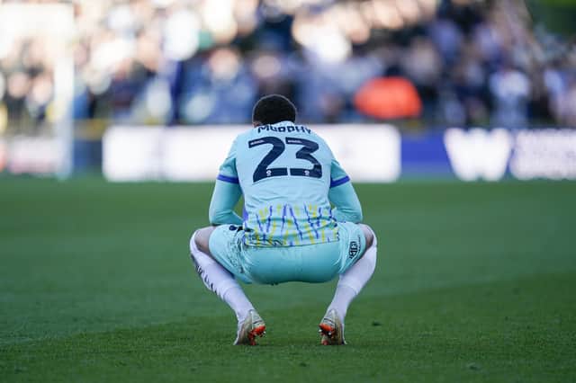 Full-time agony for Josh Murphy after another last-gasp away defeat during this awful Pompey season on the road. Picture: Jason Brown/ProSportsImages