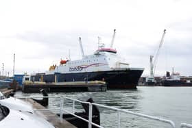Condor Ferries vessel MV Commodore Goodwill has been put up for sale as she ends her unsung career transporting goods between Portsmouth and the Channel Islands. Pictured if the ferry in Portsmouth International Port on Friday 28th March 2025.