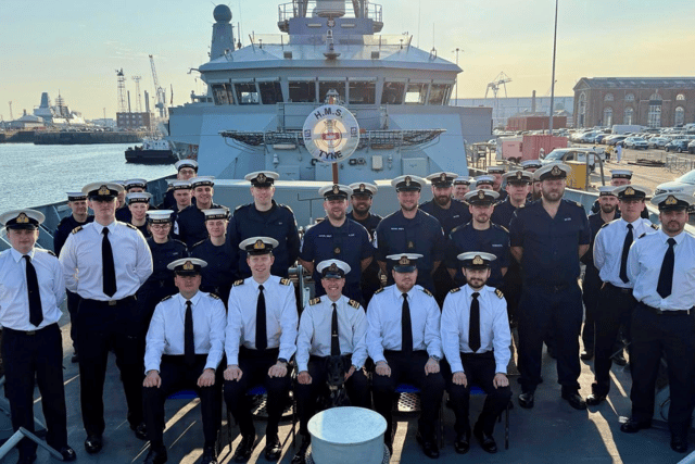 Two thirds of the ship's company of HMS Tyne, as the River-class vessel goes into a period of maintenance.