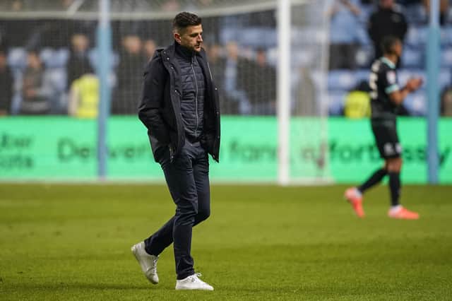 A gutted John Mousinho after Pompey's 94th-minute defeat at Coventry. Picture: Jason Brown/ProSportsImages