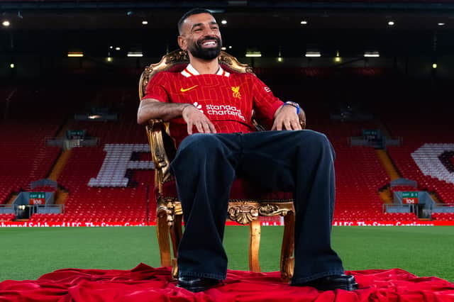 Mo Salah poses after signing a new Liverpool contract until 2027. (Photo by Nikki Dyer - LFC/Liverpool FC via Getty Images)