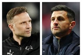 Derby's John Eustace, left, and Pompey's John Mousinho, right. 