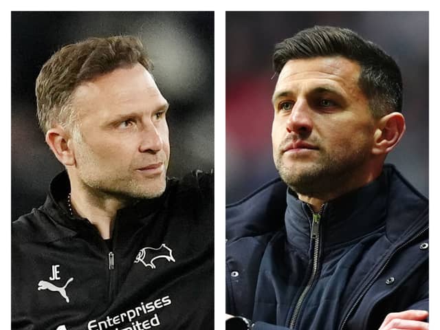 Derby's John Eustace, left, and Pompey's John Mousinho, right. 