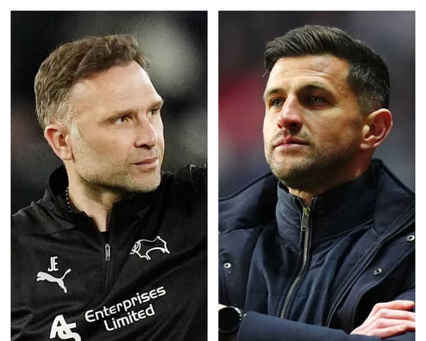 Derby's John Eustace, left, and Pompey's John Mousinho, right. 