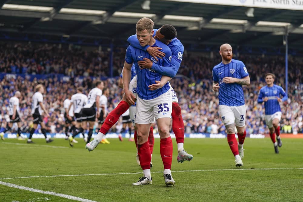 Pompey's Rob Atkinson celebrates his second goal against Derby County. Jason Brown/ProSportsImages