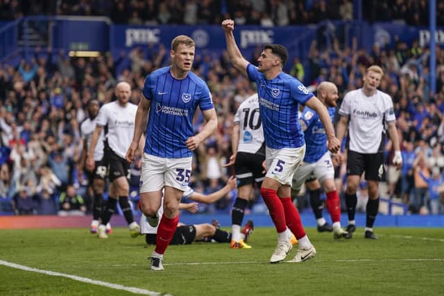 Rob Atkinson celebrates scoring the first of his two Pompey goals in the 2-2 draw against Derby. Picture: Jason Brown.ProSportsImages