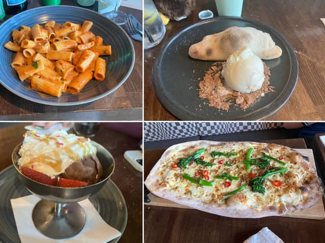 Prezzo's Easter menu, which includes, clockwise from top left: pasta alla vodka; Creme Egg calzone, Tuscan sausage and broccoli pizza; a children's sundae