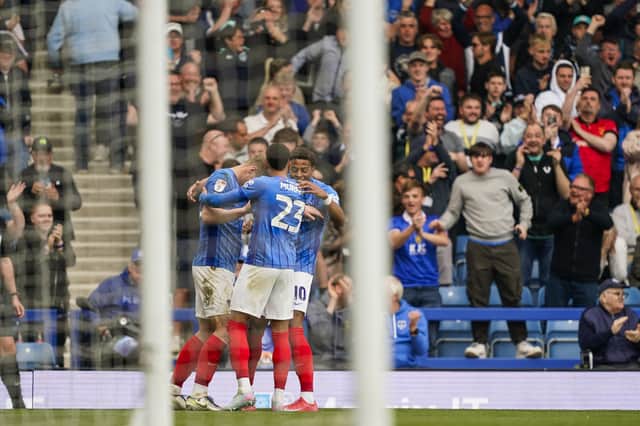 Pompey celebrate Rob Atkinson's last-gasp leveller against Derby. Picture: Jason Brown/ProSportsImages