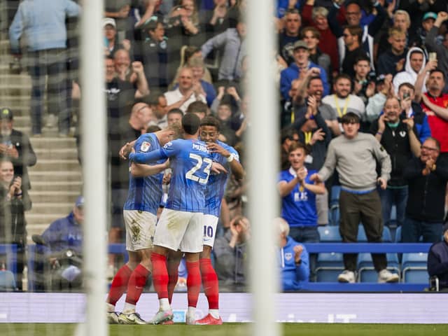 Pompey celebrate Rob Atkinson's last-gasp leveller against Derby. Picture: Jason Brown/ProSportsImages