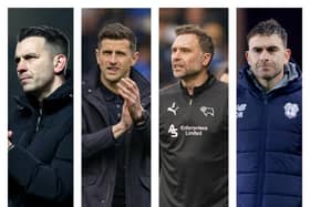 From left to right: Luton's Matt Bloomfield, Pompey's John Mousinho, Derby's John Eustace and Cardiff's Omer Riza are all in the Championship relegation dogfight. 