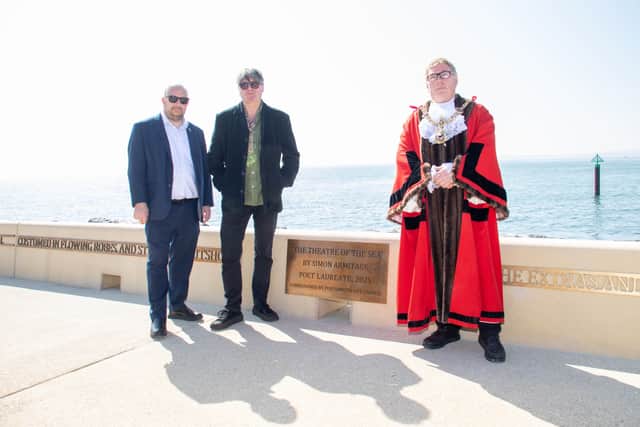 Poet Laureate, Simon Armitage, with leader of Portsmouth City Council Steve Pitt and the Lord Mayor Jason Fazackarley.