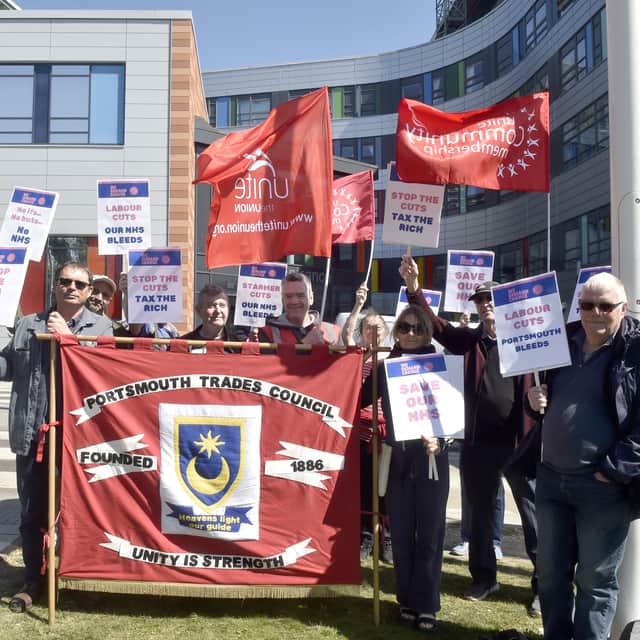 Portsmouth Trade Union Council staged a protest against Queen Alexandra Hospital job cuts on Thursday, April 17, 2025.