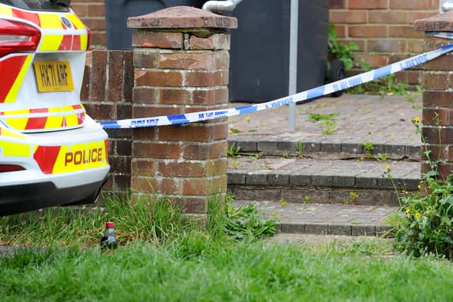 Police at an address in Havant on April 17 last year, where the body of Frances Obiefuleh was found.