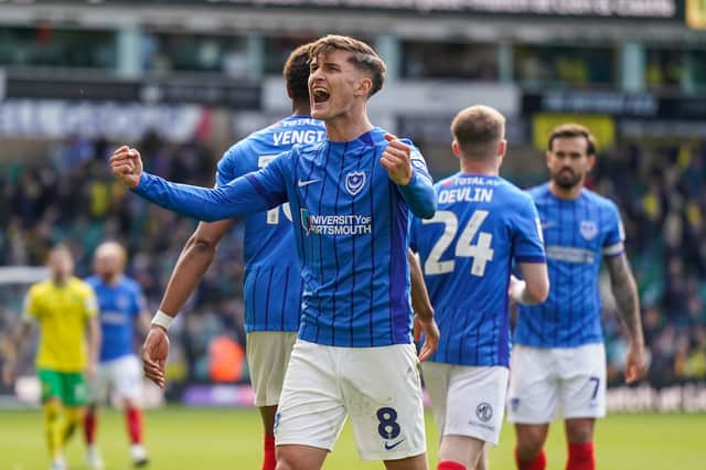 Freddie Potts celebrates Pompey's remarkable 5-3 victory at Norwich. Picture: Jason Brown/ProSportsImages