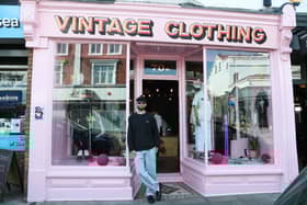 Merlin Pitt, owner of Actually Merlin Vintage, stands outide of his vintage clothing shop on Albert Rd, Southsea. 