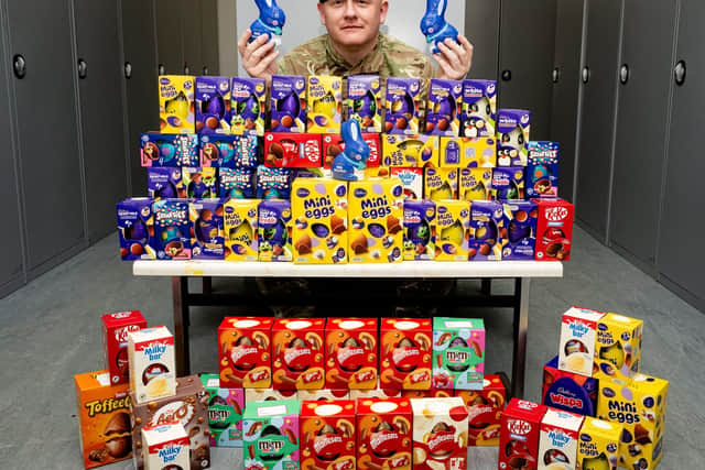 Private Jason Swindley (MPGS) organised an Easter Egg collection for children staying at Queen Alexandra Hospital. Personnel across HMS Collingwood in Fareham donated over 80 gifts.