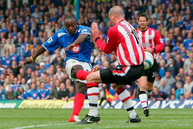 Lomano LuaLua scores his second in Pompey's 4-1 win over Southampton in April 2005