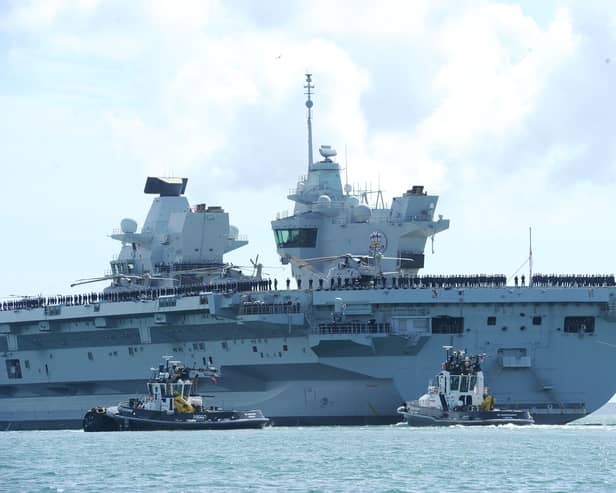 Jamie Aird, 29, of Forest Place in Townhill, Fife, Scotland, has been sentenced after stealing mechnical parts made for HMS Prince of Wales. Pictured is the Royal Navy flagship leaving Portsmouth bound for the Indo-Pacific region.