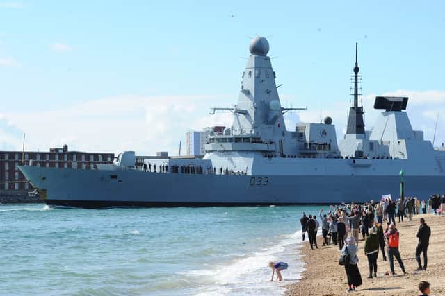 Families gather to watch HMS Dauntless leave Portsmouth on Tuesday, April 22, 2025. She will join HMS Prince of Wales as part of the UK Carrier Strike Group in the Indo-Pacific.
