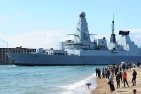 Politicians have pushed for upcoming Type 83 destroyers to be adapted for the Arctic. Pictured: Families gather to watch HMS Dauntless leave Portsmouth on Tuesday, April 22, 2025. She will join HMS Prince of Wales as part of the UK Carrier Strike Group in the Indo-Pacific.