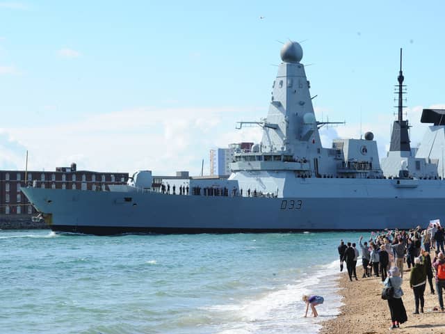 Families gather to watch HMS Dauntless leave Portsmouth on Tuesday, April 22, 2025. She will join HMS Prince of Wales as part of the UK Carrier Strike Group in the Indo-Pacific.