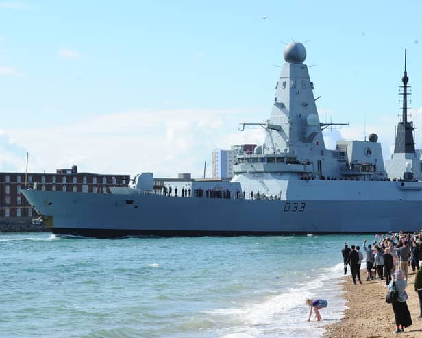 Politicians have pushed for upcoming Type 83 destroyers to be adapted for the Arctic. Pictured: Families gather to watch HMS Dauntless leave Portsmouth on Tuesday, April 22, 2025. She will join HMS Prince of Wales as part of the UK Carrier Strike Group in the Indo-Pacific.