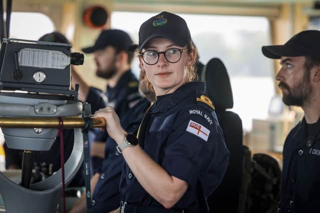 Pictured: Members of HMS Speys ship's company sailing the ship for the Sea Period of Exercise Bersama Shield 2025. 
