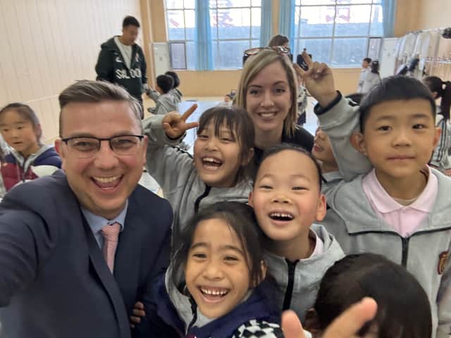 James and Michaela from Crookhorn College with students from China