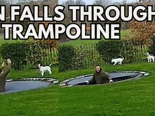 Two images of a man falling through a trampoline