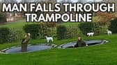 Two images of a man falling through a trampoline