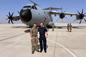 Cpl Alex and Petty Officer Andrew Warry, from Portchester, meeting up on a security mission in the Middle East. PO Warry is deployed on HMS Lancaster.