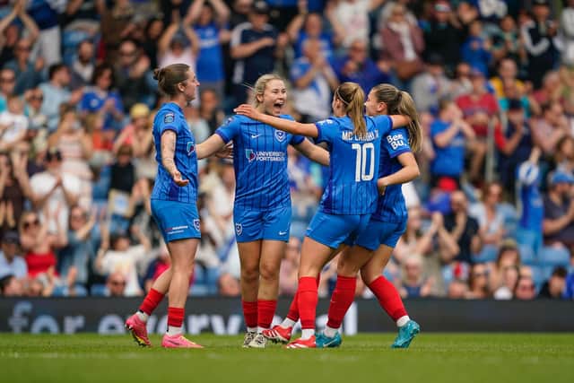 Pompey Women celebrate their remarkable Great Escape in April 2025 after beating Blackburn 4-0 on Sunday. Picture: Jason Brown