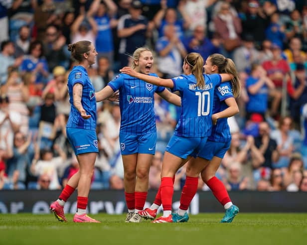 Pompey Women celebrate their remarkable Great Escape after beating Blackburn 4-0 on Sunday. Picture: Jason Brown