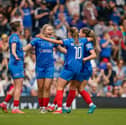 Pompey Women celebrate their remarkable Great Escape after beating Blackburn 4-0 on Sunday. Picture: Jason Brown