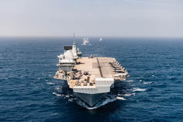 Aerial imagery HMS Prince of Wales sailing with the UK CSG25 Op Highmast Task Group taken from a Wildcat of 815 Naval Air Squadron.