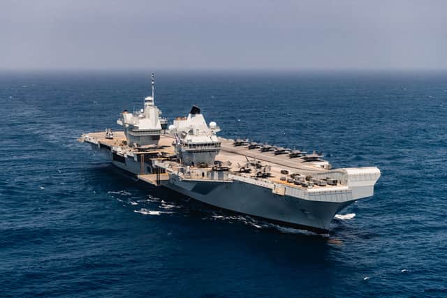 Aerial imagery HMS Prince of Wales sailing with the UK CSG25 Op Highmast Task Group taken from a Wildcat of 815 Naval Air Squadron.