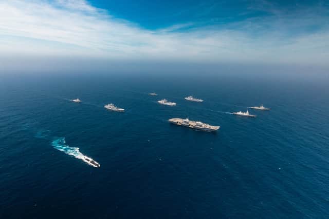 A Russian intelligence gathering ship reportedly shadowed HMS Prince of Wales during her deployment. Pictured: Row 1 (L-R) HMS, Astute, HMS Prince of Wales, HMS Dauntless, Mendez Nunez;
Row 2 (L-R) RFA Tideforce, HNoMS Maud, RFA Tidespring; 
Row 3 (L-R) HNoMS Roald Amundsen, HMS Richmond.