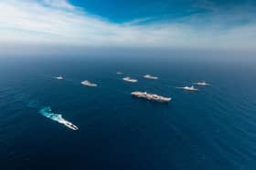 A Russian intelligence gathering ship reportedly shadowed HMS Prince of Wales during her deployment. Pictured: Row 1 (L-R) HMS, Astute, HMS Prince of Wales, HMS Dauntless, Mendez Nunez;Row 2 (L-R) RFA Tideforce, HNoMS Maud, RFA Tidespring; Row 3 (L-R) HNoMS Roald Amundsen, HMS Richmond.