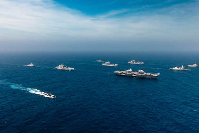 Viewed from the front - Row 1 (L-R) HMS Astute, HMS Prince of Wales, HMS Dauntless, Mendez Nunez;
Row 2 (L-R) RFA Tideforce, HNoMS Maud, RFA Tidespring; 
Row 3 (L-R) HNoMS Roald Amundsen, HMS Richmond.