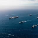 HMS Prince of Wales is continuing Operation Highmast, travelling to the Indo-Pacific on the Royal Navy’s biggest deployment this century. Viewed from the front - Row 1 (L-R) HMS Astute, HMS Prince of Wales, HMS Dauntless, Mendez Nunez;
Row 2 (L-R) RFA Tideforce, HNoMS Maud, RFA Tidespring; 
Row 3 (L-R) HNoMS Roald Amundsen, HMS Richmond.