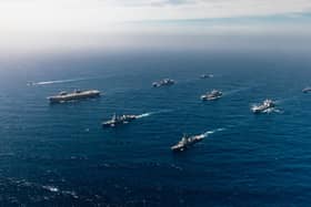 HMS Prince of Wales is continuing Operation Highmast, travelling to the Indo-Pacific on the Royal Navy’s biggest deployment this century. Viewed from the front - Row 1 (L-R) HMS Astute, HMS Prince of Wales, HMS Dauntless, Mendez Nunez;
Row 2 (L-R) RFA Tideforce, HNoMS Maud, RFA Tidespring; 
Row 3 (L-R) HNoMS Roald Amundsen, HMS Richmond.