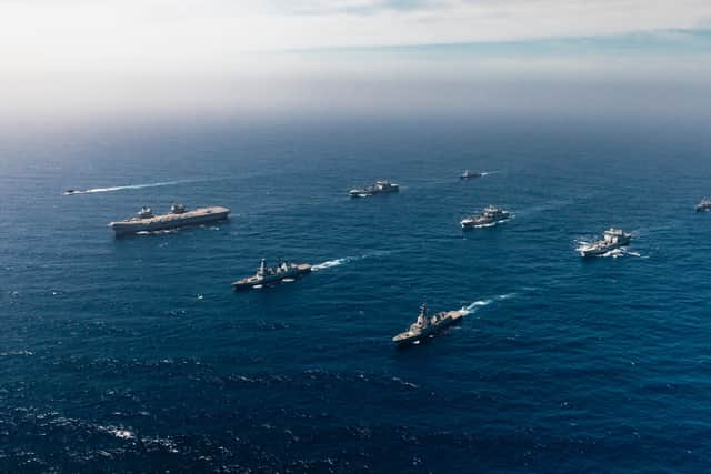 Viewed from the front - Row 1 (L-R) HMS Astute, HMS Prince of Wales, HMS Dauntless, Mendez Nunez;
Row 2 (L-R) RFA Tideforce, HNoMS Maud, RFA Tidespring;
Row 3 (L-R) HNoMS Roald Amundsen, HMS Richmond.