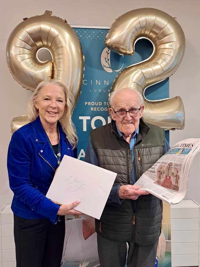 Sandy Atkins, Senior General Manager at Wellington Vale care home with 'paper boy' Bert West
