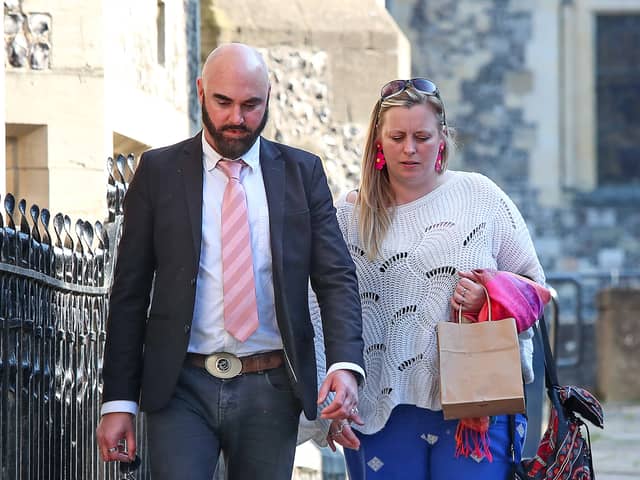 Scott Stevens and Jemma Graham, the parents of Penelope Kim Rose Stevens, outside Winchester Coroners Court, Hants.