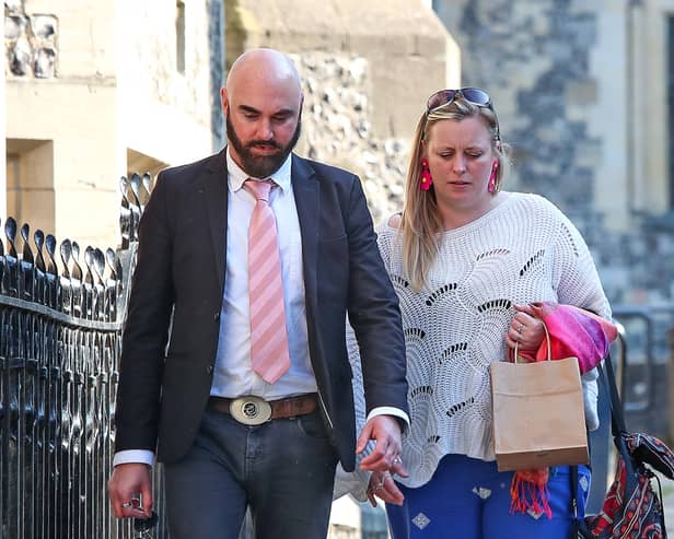 Scott Stevens and Jemma Graham, the parents of Penelope Kim Rose Stevens, outside Winchester Coroners Court, Hants.