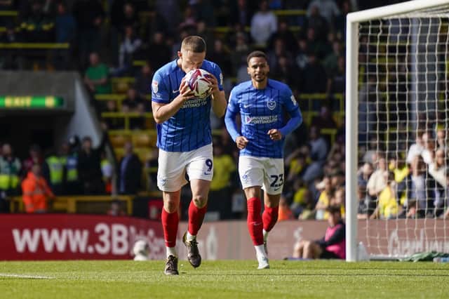 Colby Bishop celebrates his maiden Pompey hat-trick at Norwich in April. Picture: Jason Brown/ProSportsImages